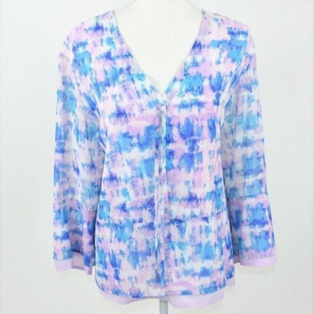 Donna Karen blue watercolor v-neck blouse top